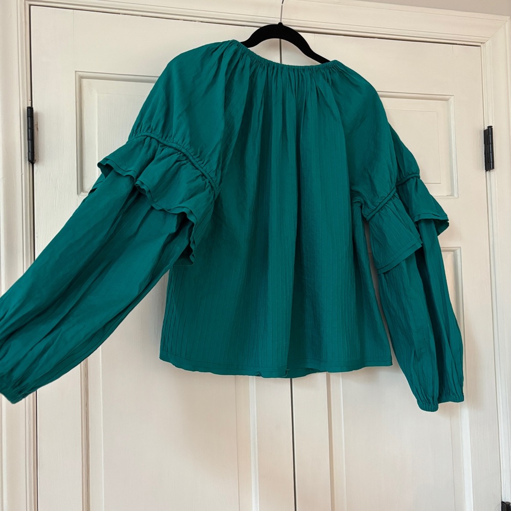 ULLA JOHNSON Concetta Blouse Verdigris Green Peasant Blouse Puff Sleeve Size‎ 10 - Picture 13 of 15